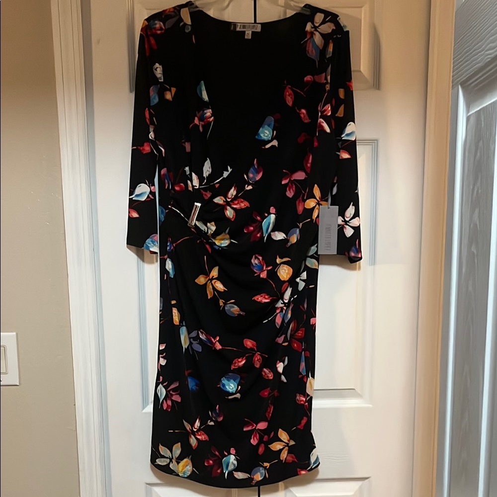 Jennifer Lopez Red and Pink Sheath Dress 3/4 Sleeve Scoop Neck